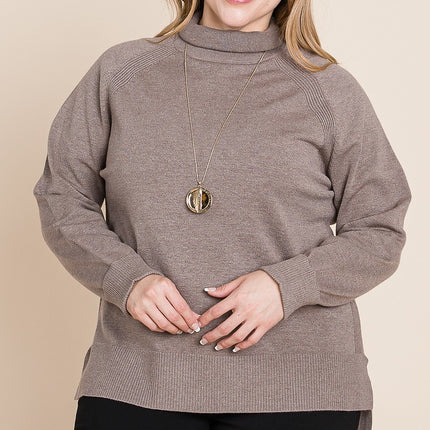 Plus Size High Quality Buttery Soft Solid Knit Turtleneck Two Tone High Low Hem Sweater