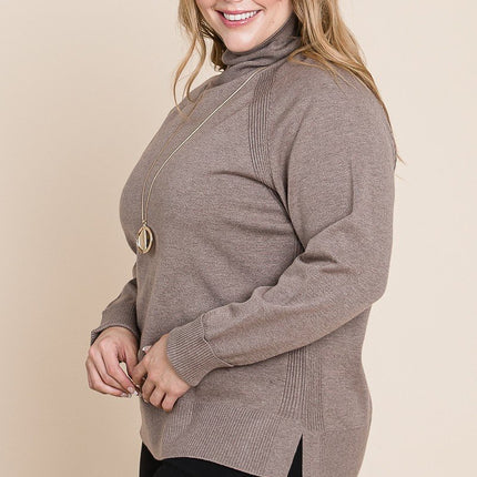 Plus Size High Quality Buttery Soft Solid Knit Turtleneck Two Tone High Low Hem Sweater