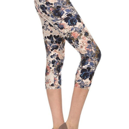 Multi-color Print, Cropped Capri Leggings In A Fitted Style With A Banded High Waist