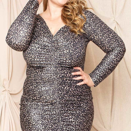 Leopard Print Shirring Plus Size Mini Dress