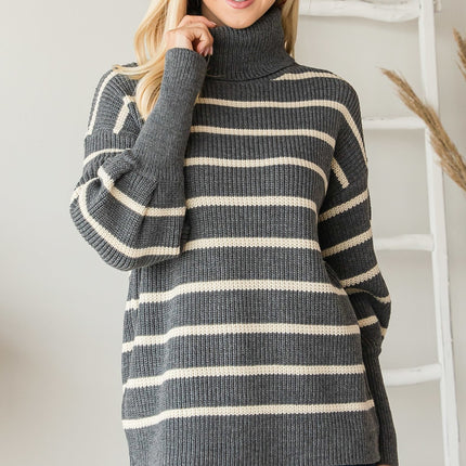 Heavy Knit Striped Turtle Neck Knit Sweater