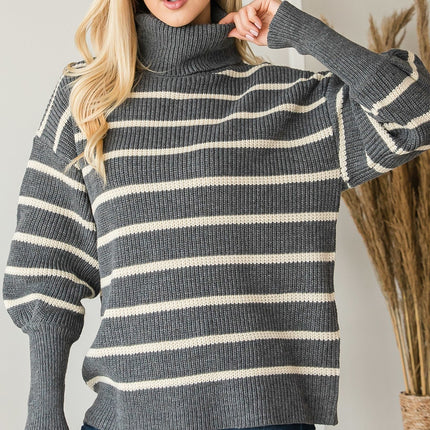 Heavy Knit Striped Turtle Neck Knit Sweater