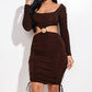 Solid Long Sleeve Ruched Short Dress With O Ring