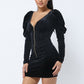 Soft Velvet Pleated Puff Sleeve Low V Neck Front And Back Mini Dress