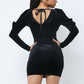 Soft Velvet Pleated Puff Sleeve Low V Neck Front And Back Mini Dress