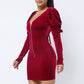 Soft Velvet Pleated Puff Sleeve Low V Neck Front And Back Mini Dress