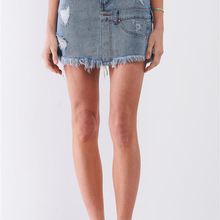 Medium Blue Denim High-waist Distressed Effect Asymmetrical Trim Raw Hem Detail Mini Skirt