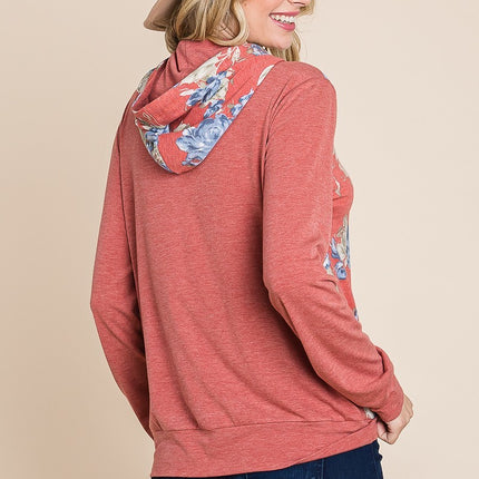 Floral Printed Contrast Hoodie With Relaxed Fit And Cuff Detail