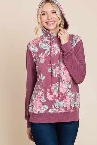 Floral Printed Contrast Hoodie With Relaxed Fit And Cuff Detail