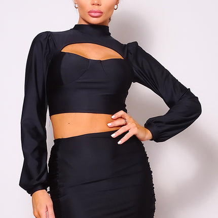 Puff Long Sleeve Front Cutout Turtleneck Blouse & Side Ruched Garter Mini Skirt Set