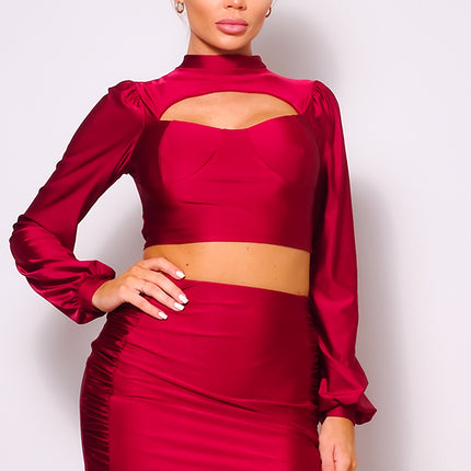 Puff Long Sleeve Front Cutout Turtleneck Blouse & Side Ruched Garter Mini Skirt Set