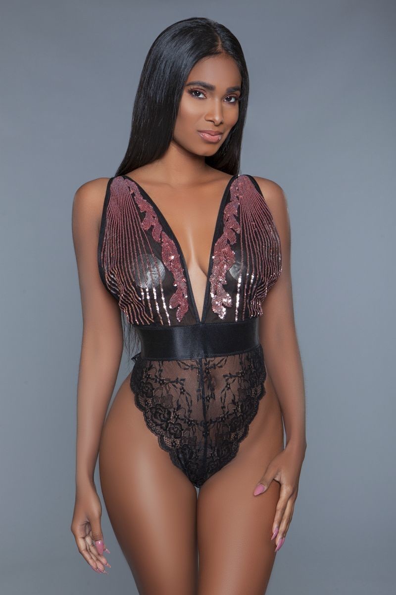 Cut-out Lace Bottoms With Raspberry-pink Sequins Plunging Sheer Neckline 1 Pc.