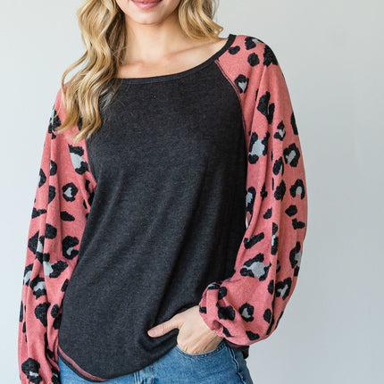 Round Neckline And Animal Print Color Block Top