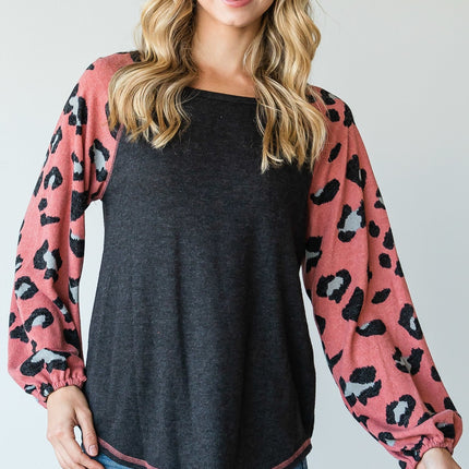 Round Neckline And Animal Print Color Block Top