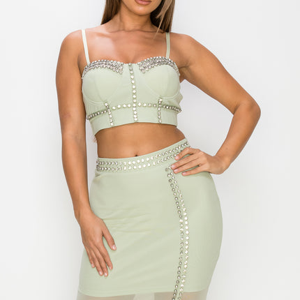 Studded Stone Cami Top & Slit Mini Skirts Set