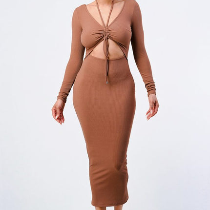 Trendy Front Shirring Cut-out Long Sleeved Dress