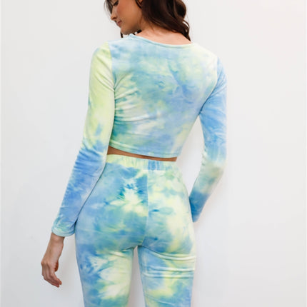 Multicolor Tie-dye Velvet Cropped Long Sleeve Top & Bike Shorts Set