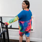 Plus Blue Neon Rainbow Tie-dye Colorblock Long Sleeve Top & Biker Shorts Set