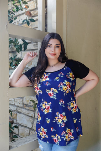 Plus Floral Print & Ribbed Black Colorblock Top