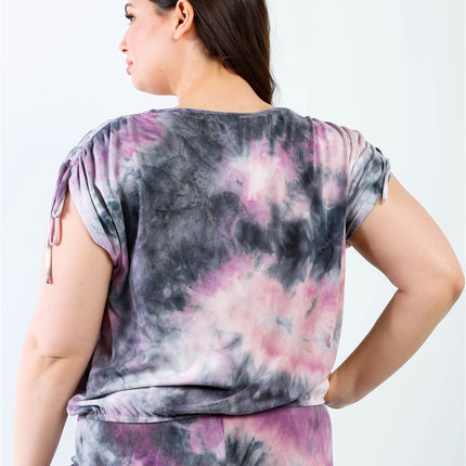 Plus Purple & Black Tie-dye Ruched Shoulder Detail Top & Pants Set