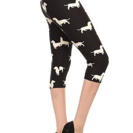 Dog Print, High Waisted Capri Leggings In A Fitted Style With An Elastic Waistband.