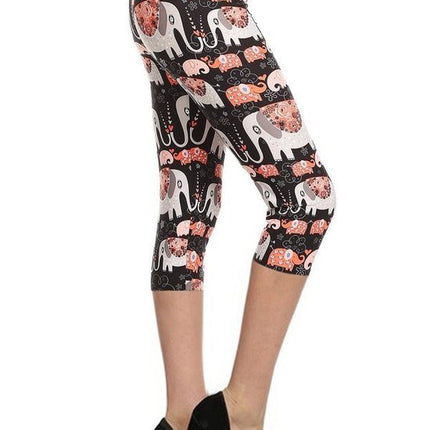 Elephants Printed, High Waisted Capri Leggings In A Fitted Style With An Elastic Waistband