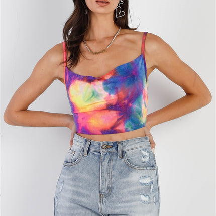 Multi Color Neon Tie-dye Lurex Cowl Neck Sleeveless Crop Top