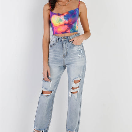 Multi Color Neon Tie-dye Lurex Cowl Neck Sleeveless Crop Top