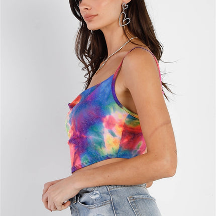 Multi Color Neon Tie-dye Lurex Cowl Neck Sleeveless Crop Top