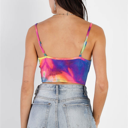 Multi Color Neon Tie-dye Lurex Cowl Neck Sleeveless Crop Top