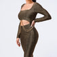 Luxe Waist Gold Chain Cut-out Detail Square Neck Glitter Bodycon Dress