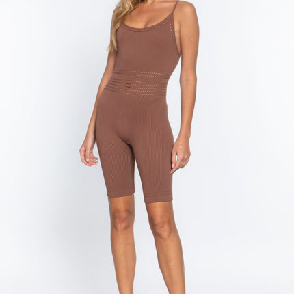 Round Neck Pointelle Detail Seamless Rib Romper