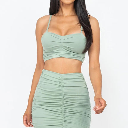 Ruched Crop Top And Skirt Sets