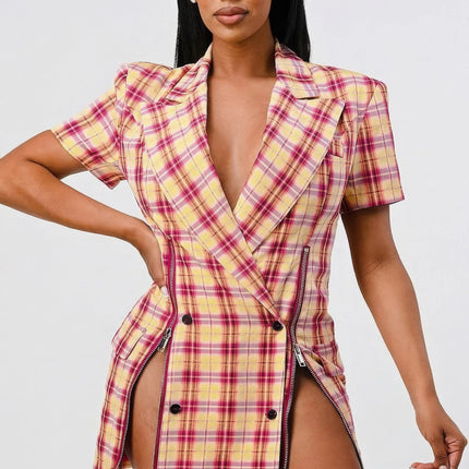 Wide Collared Double Breasted Plaid Blazer Mini Dress