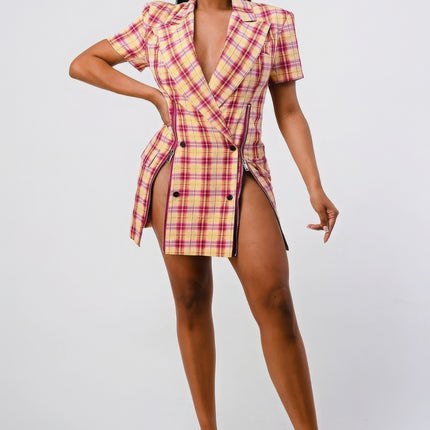 Wide Collared Double Breasted Plaid Blazer Mini Dress