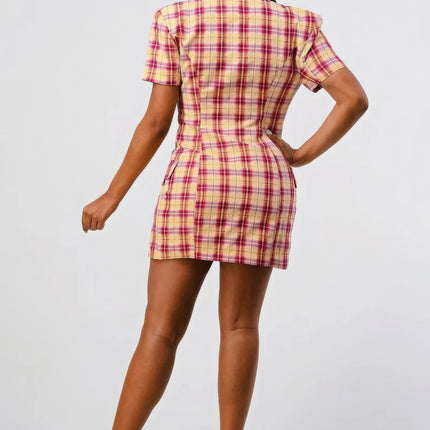 Wide Collared Double Breasted Plaid Blazer Mini Dress