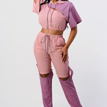 Pants Set In Color Block With Hoodie And Detachable Bottom Part