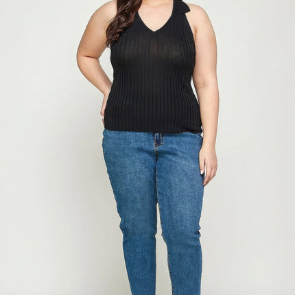 Plus Size, Solid Ribbed Knit Polo Sleeveless Top