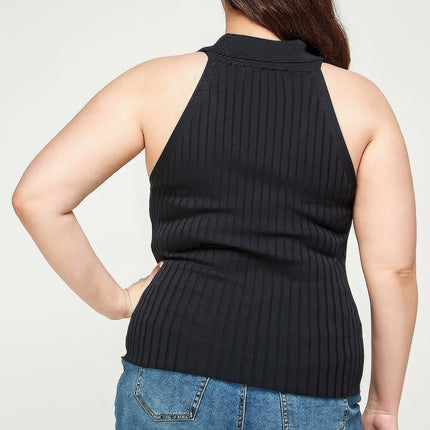 Plus Size, Solid Ribbed Knit Polo Sleeveless Top