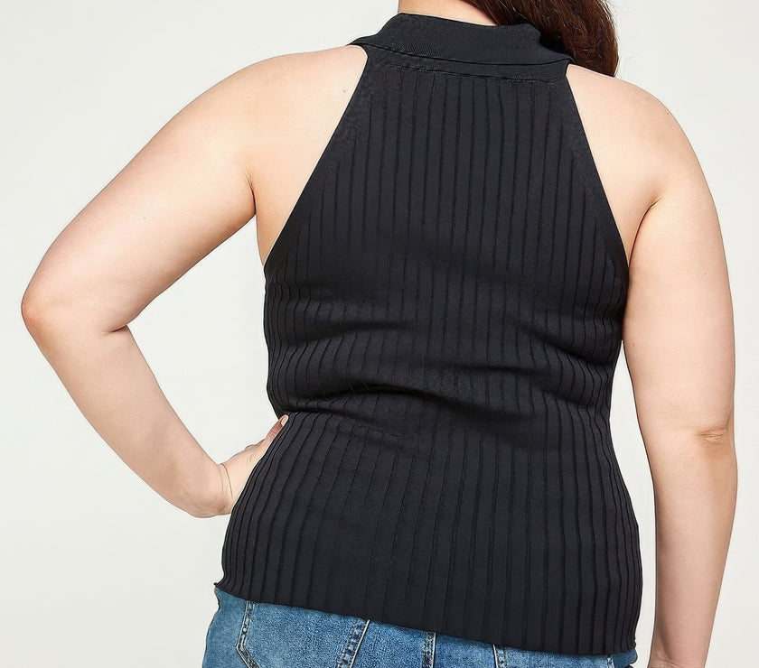 Plus Size, Solid Ribbed Knit Polo Sleeveless Top