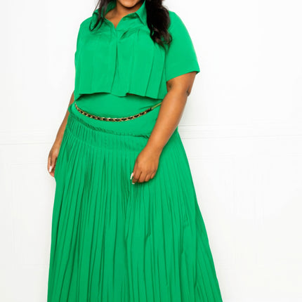 Pleated Cropped Shirt And Maxi Skirt Set