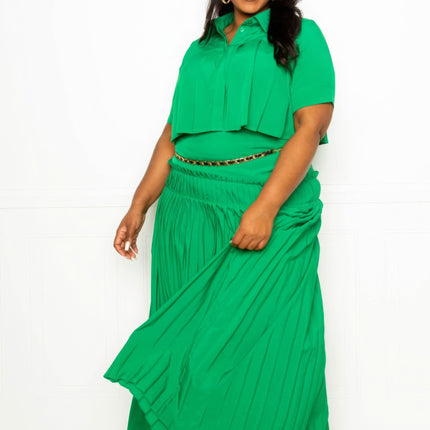 Pleated Cropped Shirt And Maxi Skirt Set