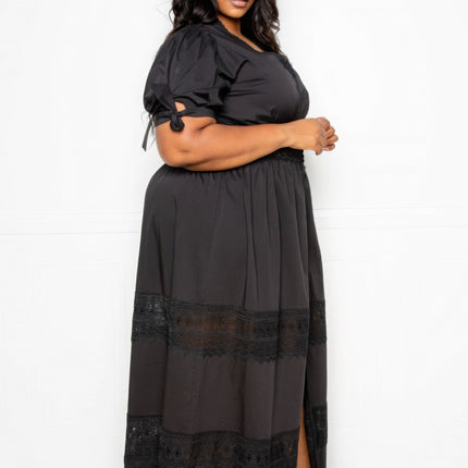 Puff Sleeve Maxi Dress With Lace Insert