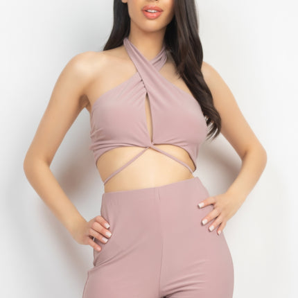 Solid Halter Top And Elastic Leggings Set