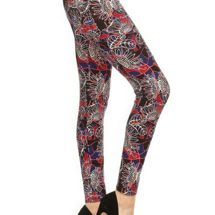 Floral Print High Waist Basic Solid Leggings With 1 Elastic Waistband