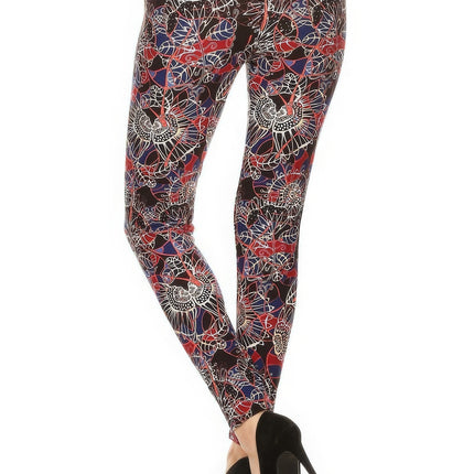 Floral Print High Waist Basic Solid Leggings With 1 Elastic Waistband