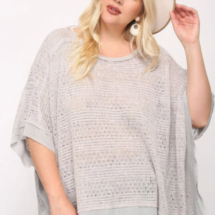 Light Knit And Woven Mixed Boxy Top With Poncho Sleeve