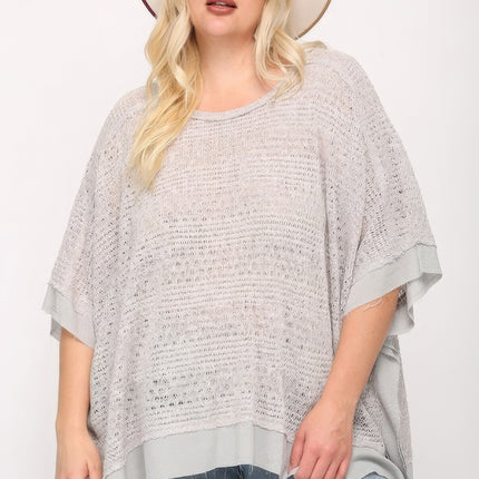 Light Knit And Woven Mixed Boxy Top With Poncho Sleeve