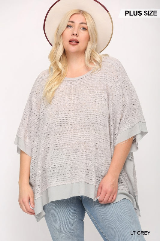 Light Knit And Woven Mixed Boxy Top With Poncho Sleeve