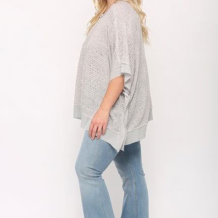 Light Knit And Woven Mixed Boxy Top With Poncho Sleeve